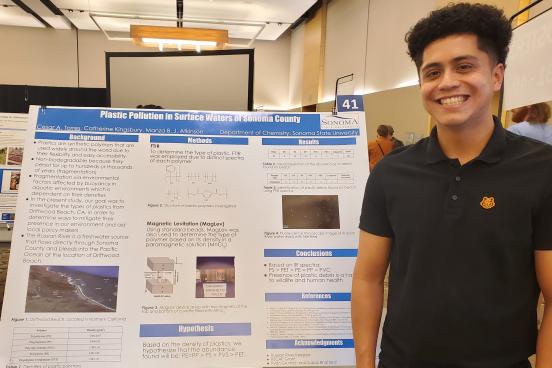 student next to poster