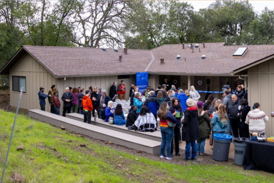 crowd of people in courtyard outside