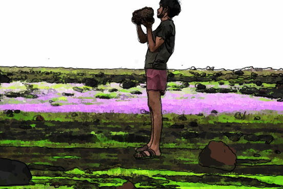 digital art showing man holding a rock in a field