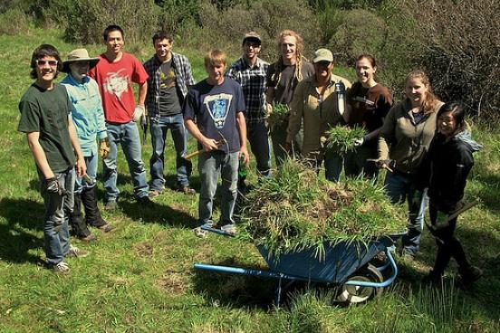 Students and wheelbarrow filled with removed weeds