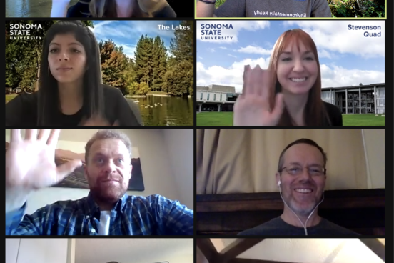 Zoom screenshot of 8 people waving and smiling