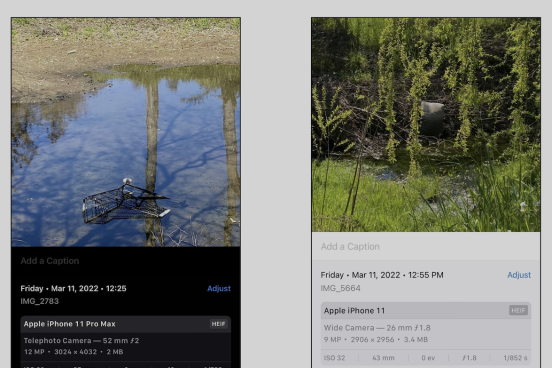 photos with metadata of trash in creeks