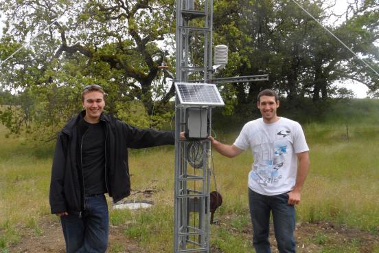 two students with newly installed weather station tower