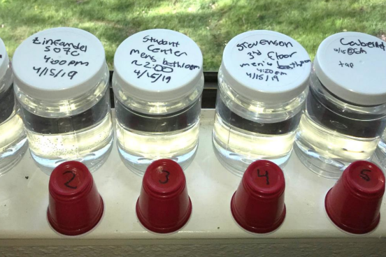 Glass bottles containing water samples