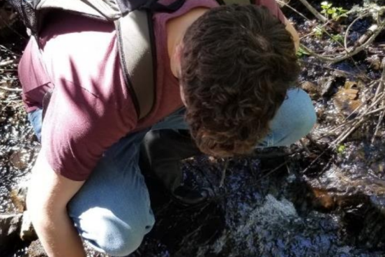 Student collecting water sample from stream