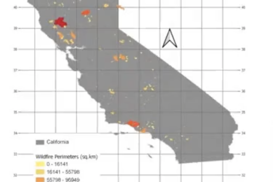 Map of California with red gradient indicating burned areas