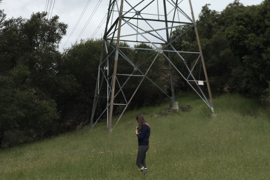 student with clipboard in meadow under powerlines