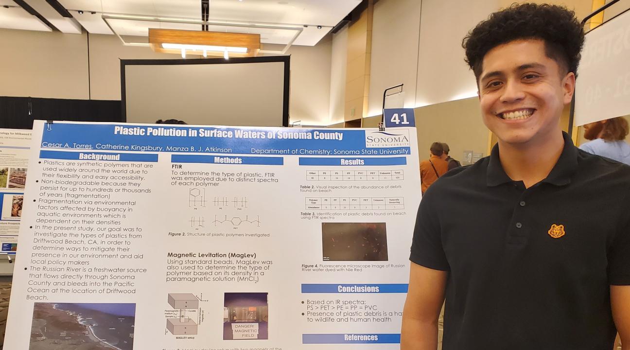 student next to poster