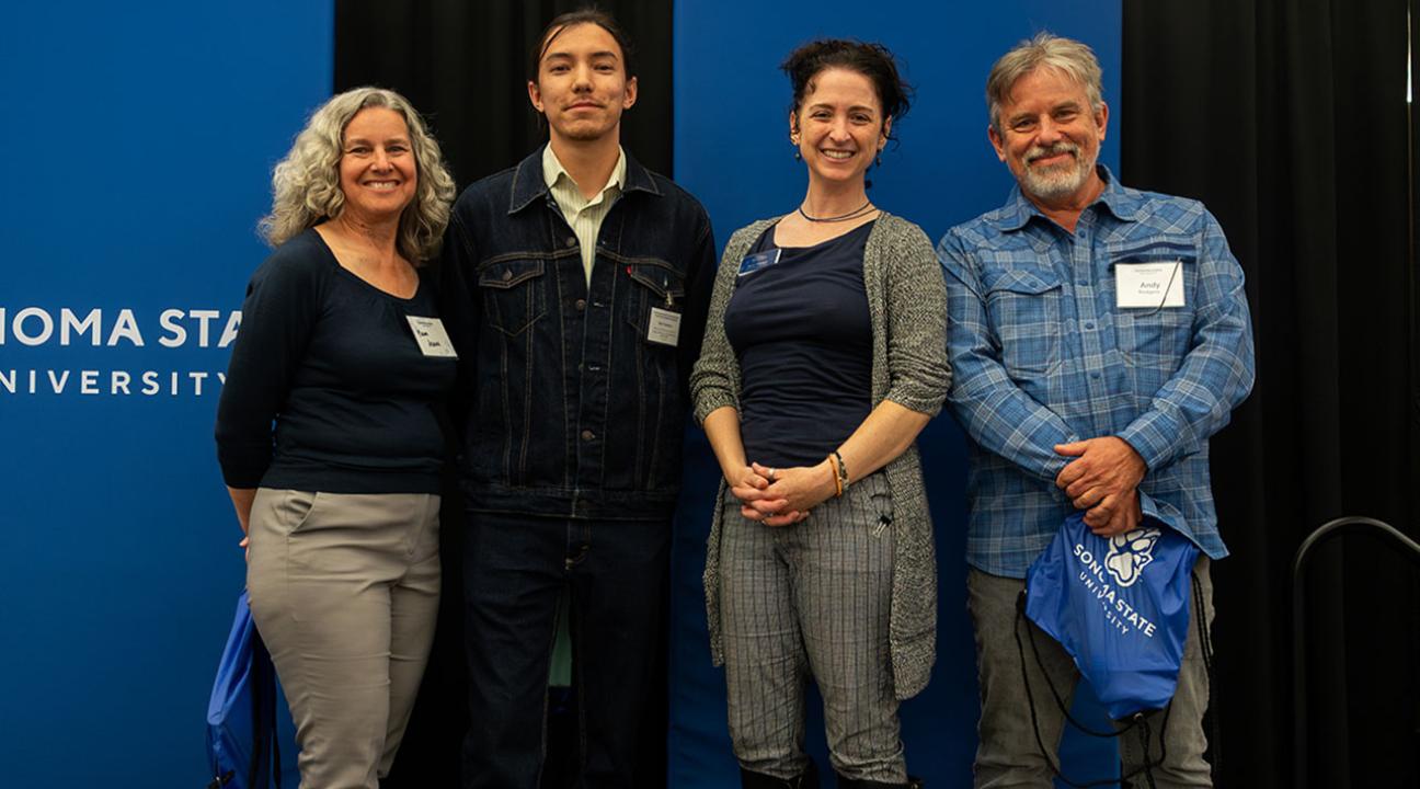 Shin Tadokoro stands with presenters and judges at the 2025 RSC Symposium, including Kerry Wininger (CEI Director), Pam Jean (retired Deputy Chief Engineer, Sonoma Water) and Andy Rodgers (Administrator for the Santa Rosa Plain Groundwater Sustainability Agency, Executive Director of the Russian River Watershed Association, and Executive Director of the North Bay Watershed Association)