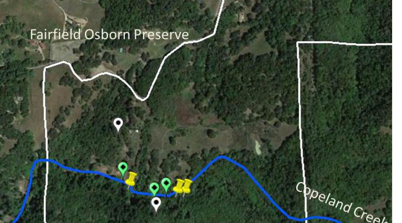 Map of erosion monitoring sites at the Fairfield Osborn Preserve