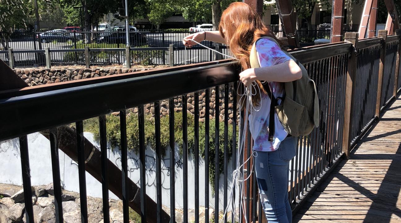 researcher looking over bridge