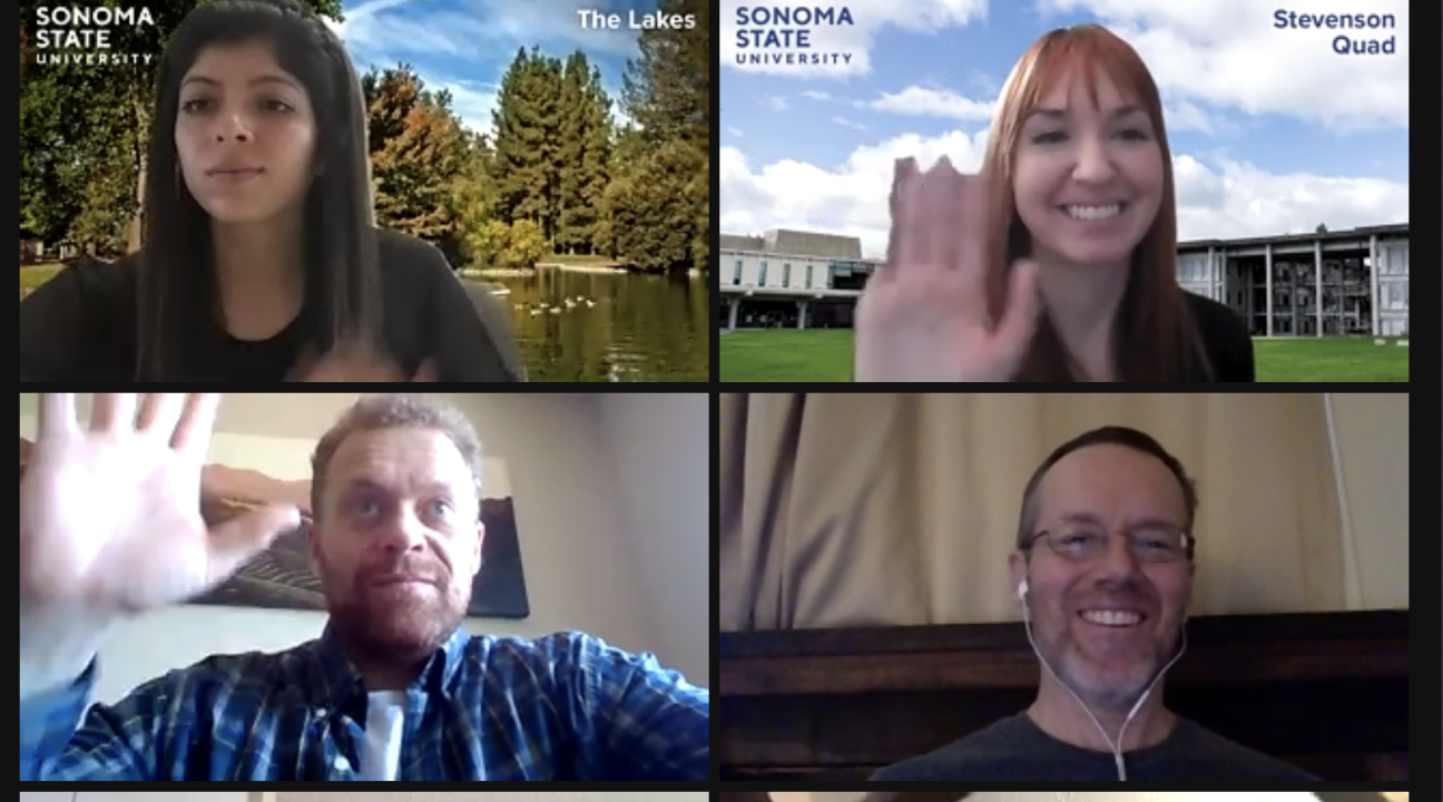 Zoom screenshot of 8 people waving and smiling