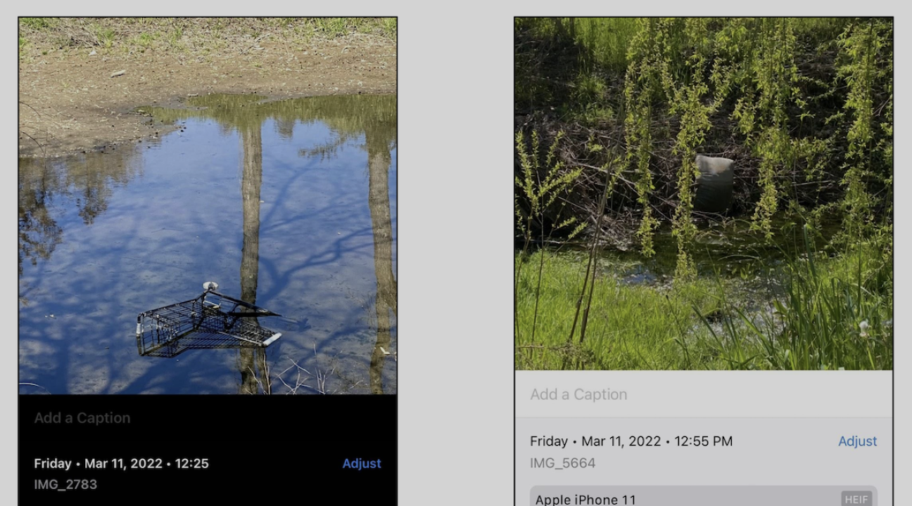 photos with metadata of trash in creeks