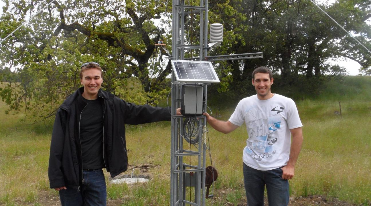 two students with newly installed weather station tower