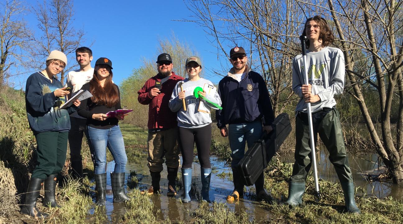 seven students with survey equipment