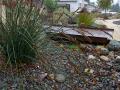 wet rain garden with sedge, rocks and footbridge