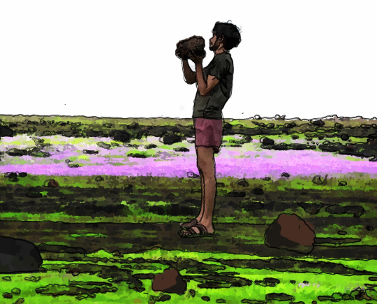 digital art showing man holding a rock in a field