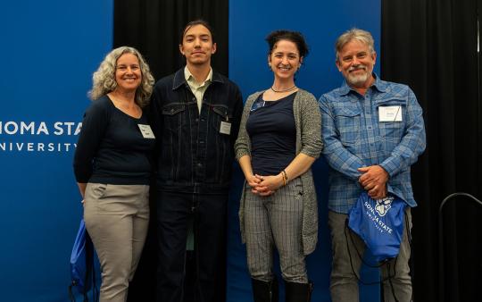 Shin Tadokoro stands with presenters and judges at the 2025 RSC Symposium, including Kerry Wininger (CEI Director), Pam Jean (retired Deputy Chief Engineer, Sonoma Water) and Andy Rodgers (Administrator for the Santa Rosa Plain Groundwater Sustainability Agency, Executive Director of the Russian River Watershed Association, and Executive Director of the North Bay Watershed Association)