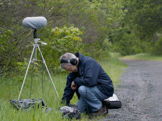 Man crouches by sound recording equipment in grass