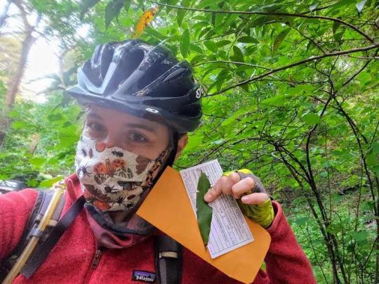 a bicyclist wears a mask and holds a leaf with collection envelope