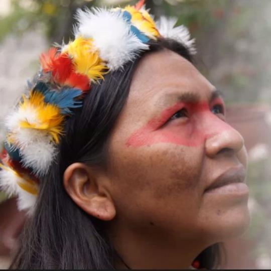 indigenous woman's face looks up