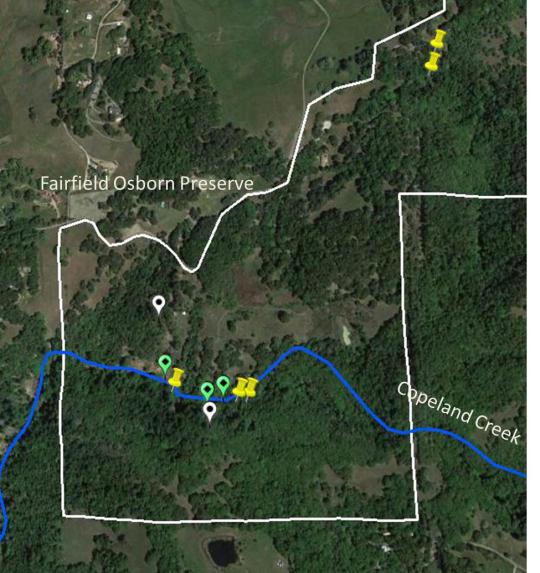 Map of erosion monitoring sites at the Fairfield Osborn Preserve