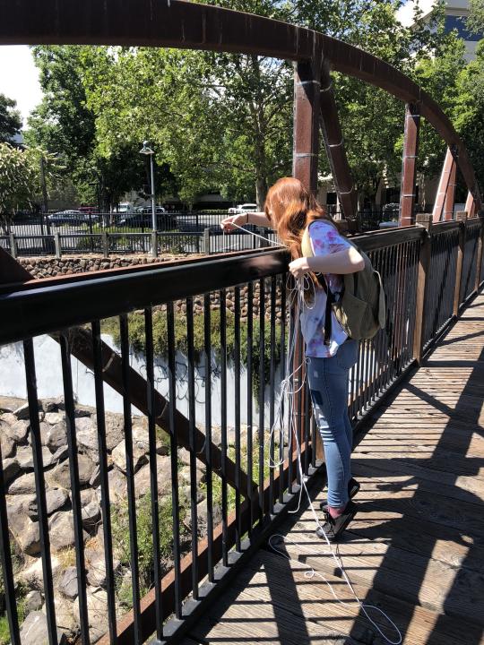 researcher looking over bridge