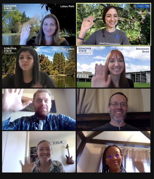 Zoom screenshot of 8 people waving and smiling