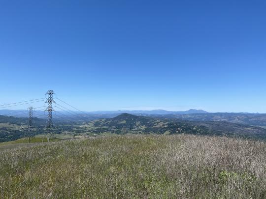 Landscape view of grassland with mountains and power lines in distance