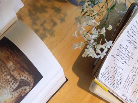 desk with book, notes, and flowers