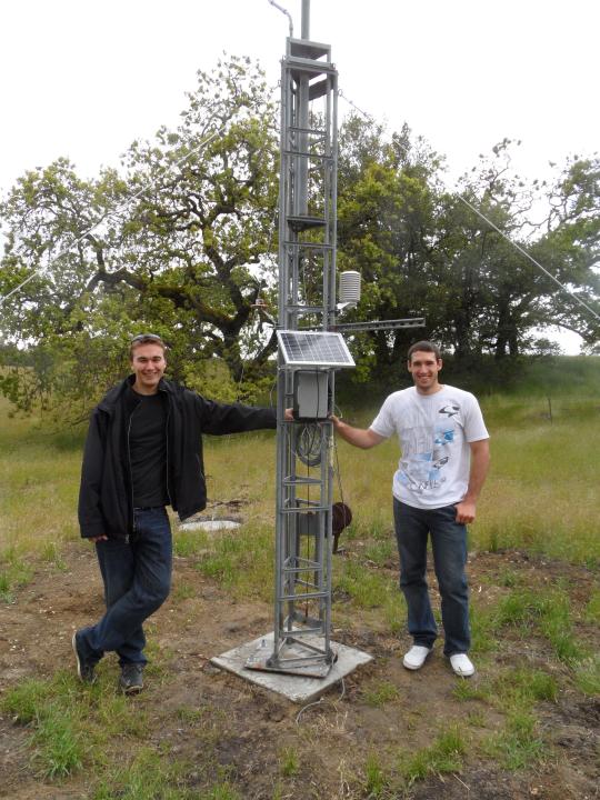 two students with newly installed weather station tower