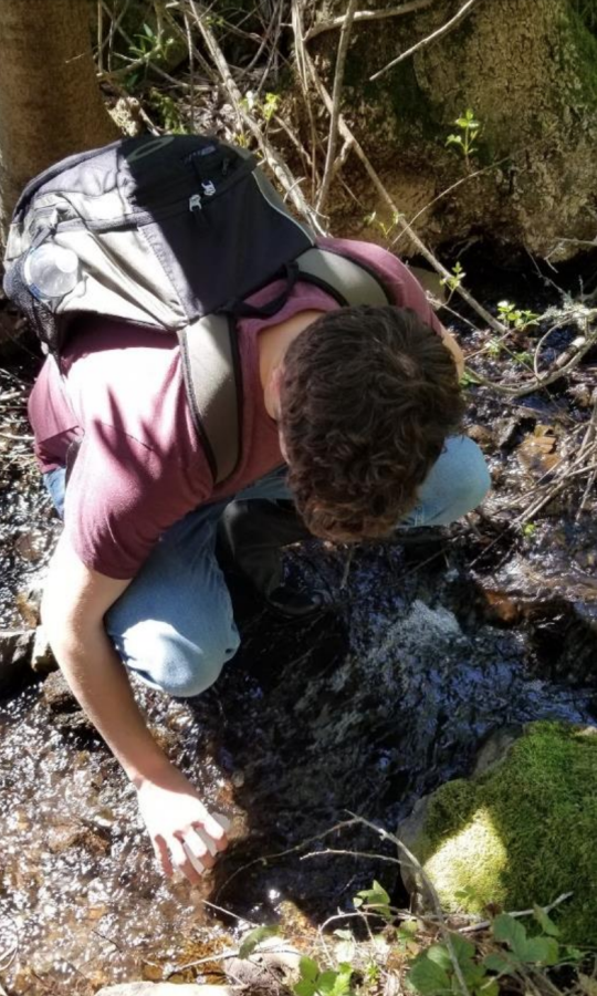 Student collecting water sample from stream