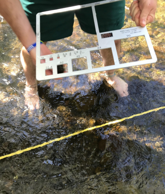 Student standing in creek holding gravelometer