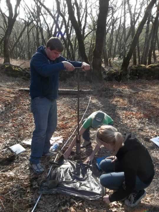Students collecting samples with a soil auger