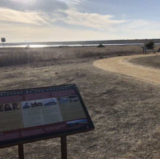 a sign in front of a trail by a marsh
