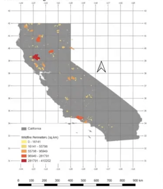 Map of California with red gradient indicating burned areas