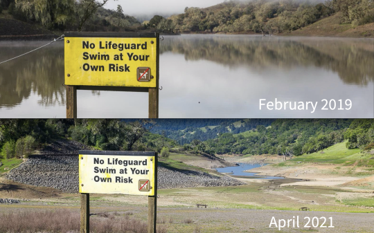 photos of a full lake in 2019 and empty lake in 2021