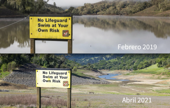 fotos de un lago lleno en 2019 y un lago vacío en 2021
