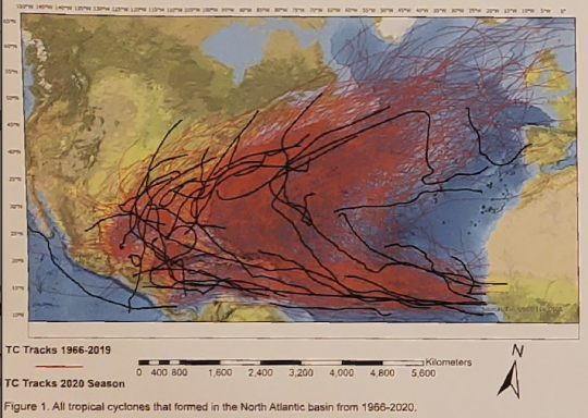 map of tropical cyclones in North Atlantic basin 1966-2020