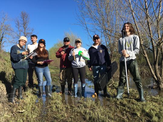 seven students with survey equipment